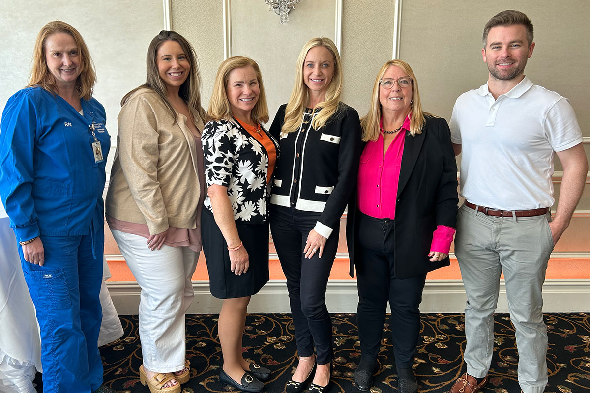 Priscilla Bagatelle, RN, Greenwich Hospital Magnet Program coordinator (third from left), joined fellow nurses at a recent event. From left are Julie Petersen, RN, Megan White, RN, Bagatelle, Catrina Lozinski, RN, Helen Brugger, RN, and Michael DeBowes, RN.